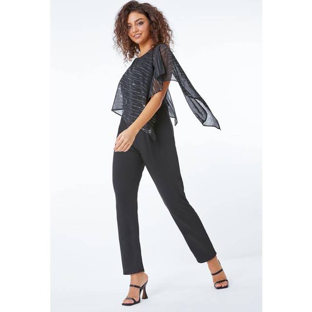 Roman Petite Black Sparkle Chiffon Overlay Jumpsuit - Size 8