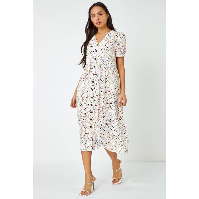 Dusk Ditsy Spot Print Button Down Dress - Yellow - Size 14 - Roman
