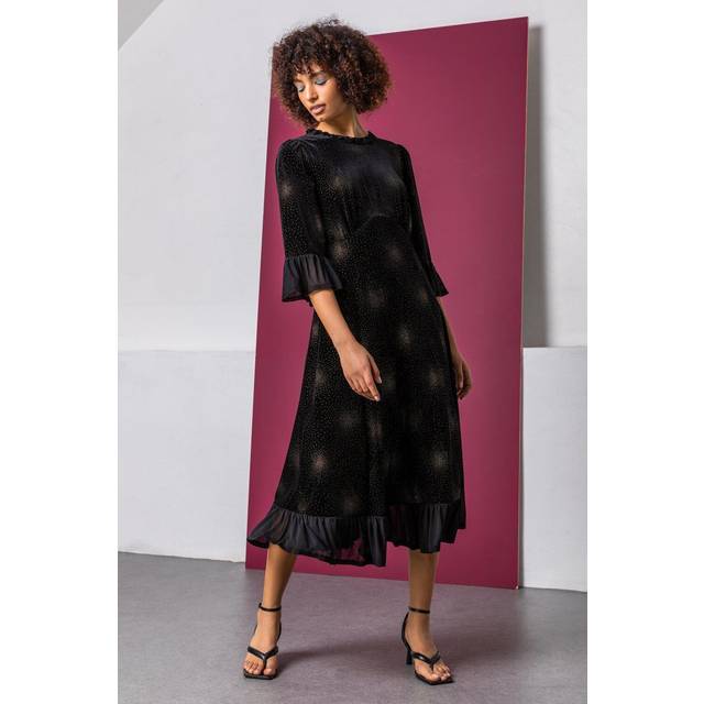 Dusk Womens Velvet Sparkle Frill Detail Dress - Black - Size 10 UK