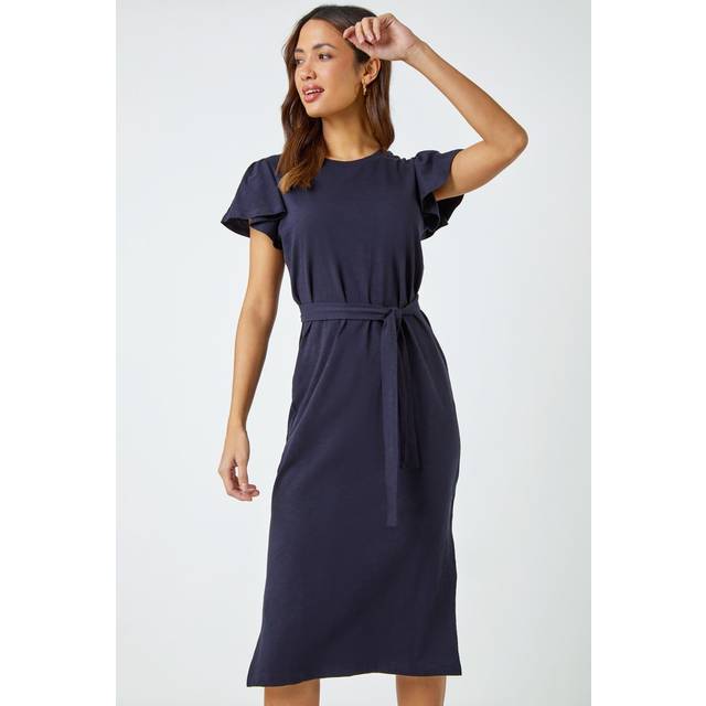 Roman originals ruffle sleeve belted cotton midi dress for women uk - ladies