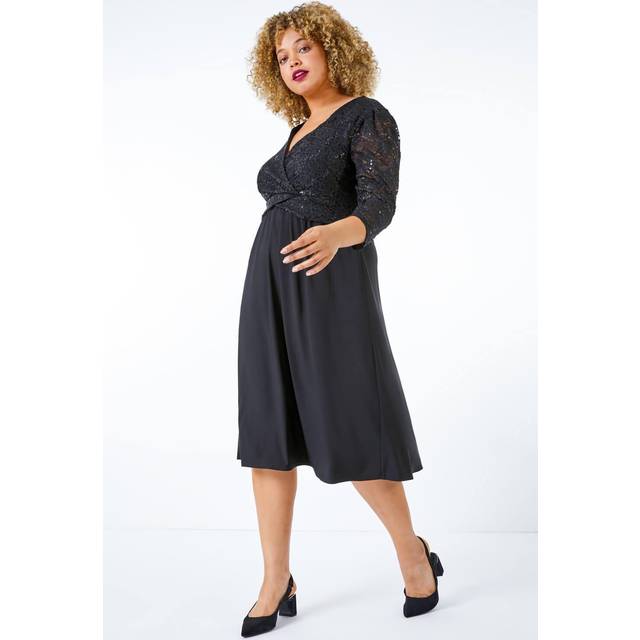 Roman Curve Black Sequin Lace Wrap Dress - Size 26-28
