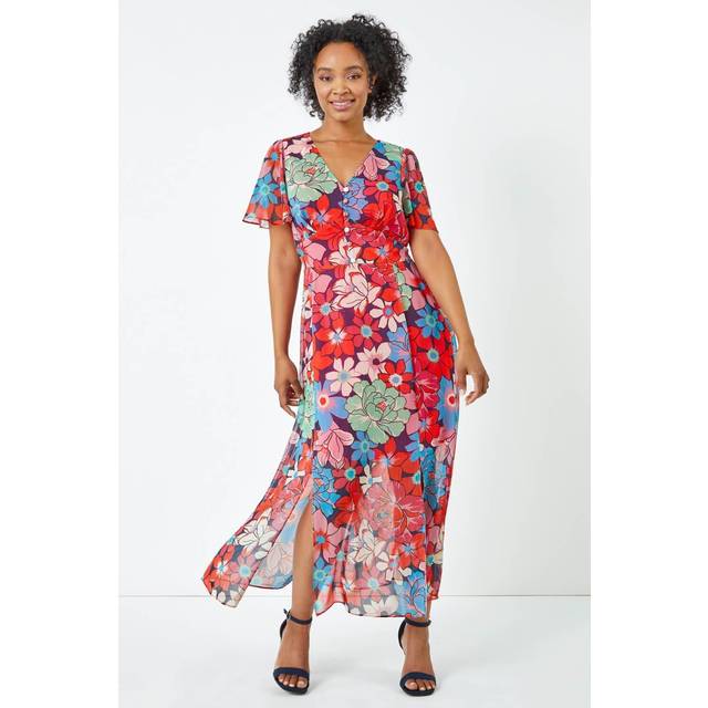 Roman Petite Womens Button Detail Floral Midi Dress - Pink - Size 8 UK