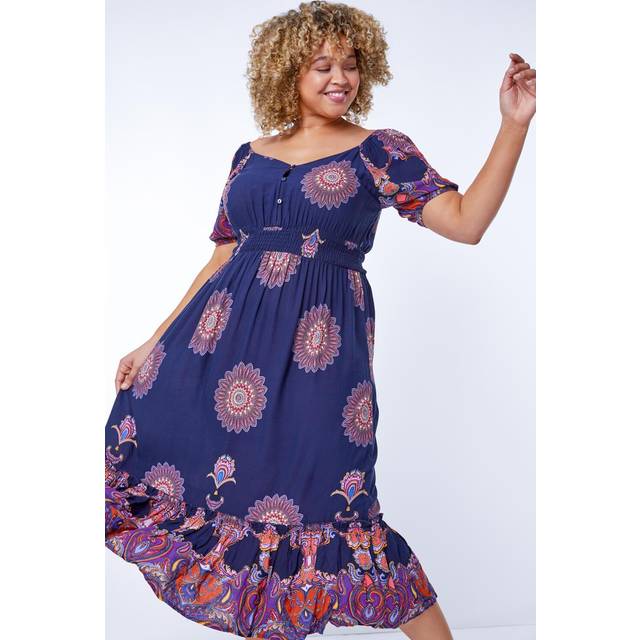 Boho Print Sweetheart Midi Dress - Navy - 30-32