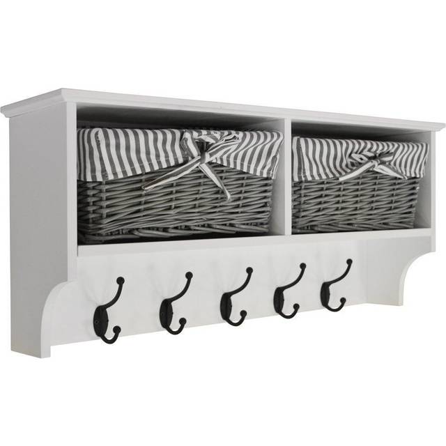 Wall Storage Shelf with 2 Baskets and 5 Coat Hooks - White Grey - White / Grey / Black