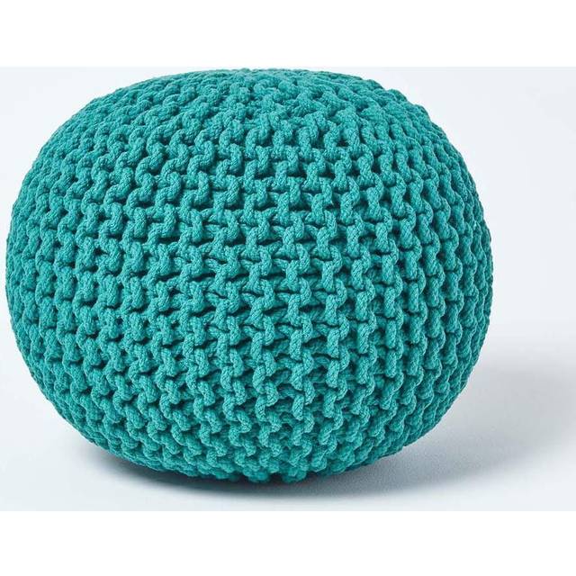 Homescapes Teal Green Knitted Cotton Pouffe Footstool Round 35 x 40 cm - Blue