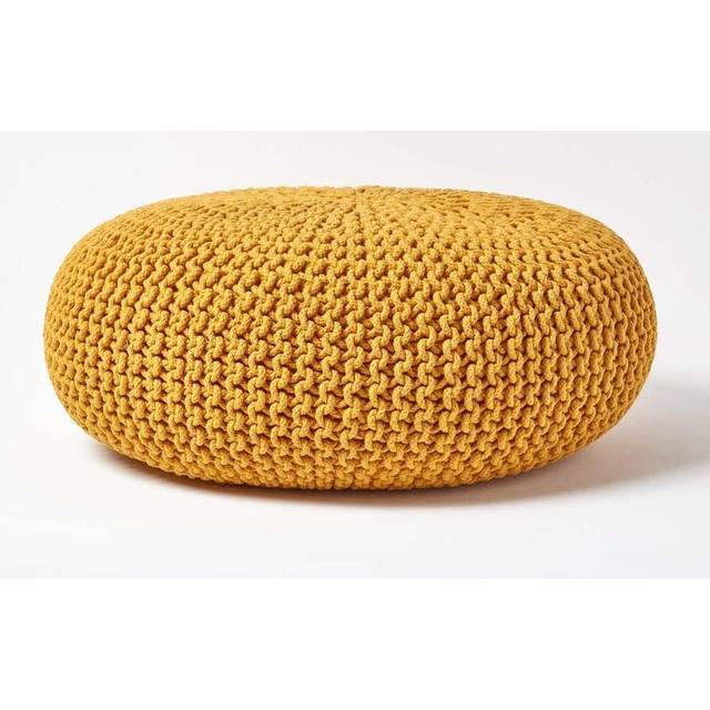 Homescapes Mustard Knitted Cotton Large Round Pouffe Footstool 70 x 23 cm - Yellow