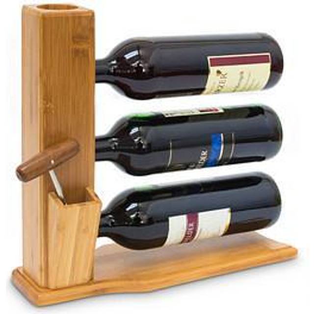 Relaxdays - Wine Stand For 3 Bottles: 32 x 12 x 34 cm Wine Shelf Free-Standing Bamboo Bottle Rack With Cork And Bottle Opener Holder Wine Stand,