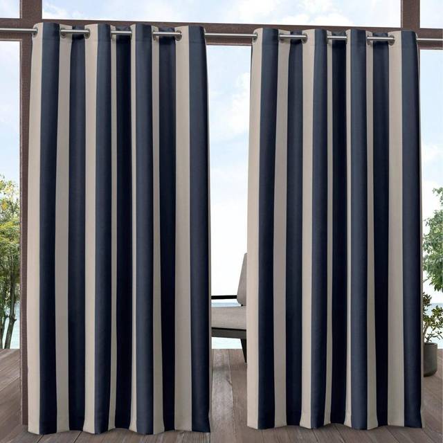 "Exclusive Home Canopy Stripe Indoor/Outdoor Grommet Top Curtain Panel  54""""x96""""  Navy / Sand  Set of 2"