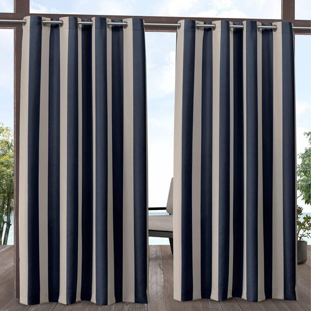 "Exclusive Home Canopy Stripe Indoor/Outdoor Grommet Top Curtain Panel  54""""x108""""  Navy / Sand  Set of 2"