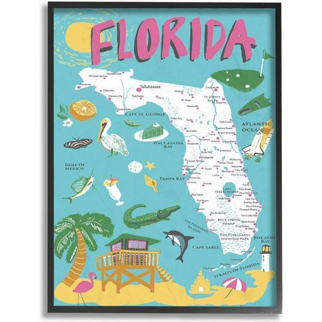 Stupell Industries Florida Teal Blue and Pink Illustrated Scenic Map Poster Framed Giclee Texturized Art  11 x 1.5 x 14  Multi-Color