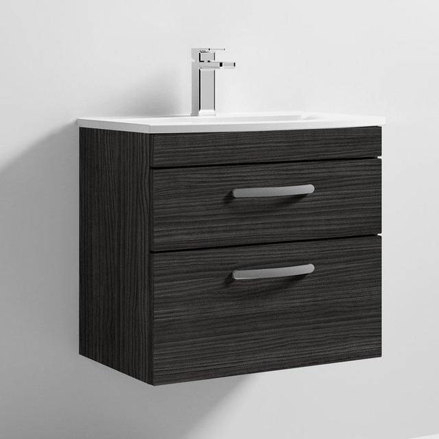 Nuie Athena Wall Hung 2-Drawer Vanity Unit with Basin-4 600mm Wide - Charcoal Black Woodgrain