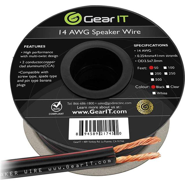 14AWG Speaker Wire GearIT Pro Series 14 AWG Gauge Speaker Wire Cable 50 Feet 1524 Meters Great Use for Home Theater Speakers and Car Speakers Black