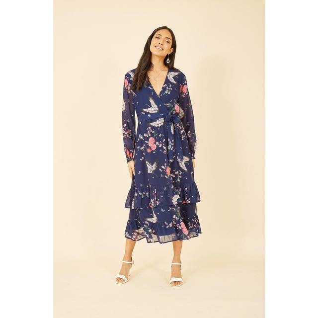 Yumi Crane Print Long Sleeve Wrap Midi Dress In Navy - Size 8 UK - Yumi