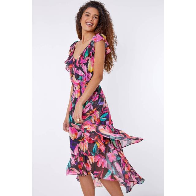 Roman Womens Floral Shirred Waist Ruffle Midi Dress - Black - Size 10 UK