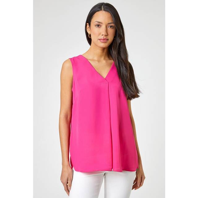 Roman Womens V-Neck Sleeveless Vest Pleat Top - Fuchsia - Size 8 UK