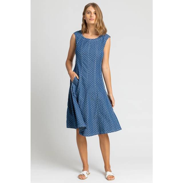 Spot Print Top Stitch Skater Dress - Denim - 20