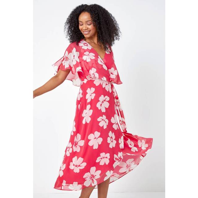 Roman Petite Womens Floral Print Cape Dress - Coral - Size 14 UK