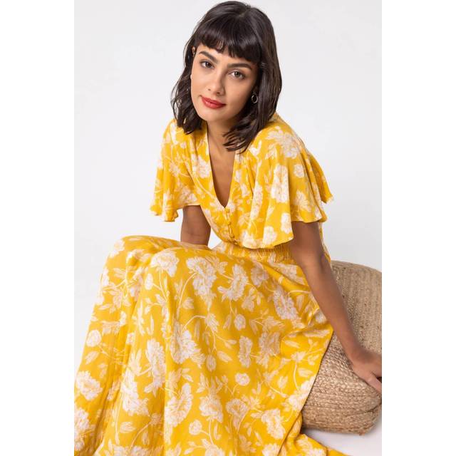 Bright Floral Print Tiered Midi Dress - Yellow - Size 16 - Roman
