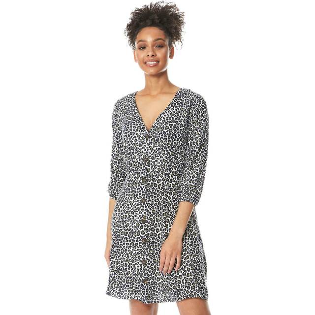 Leopard Print Button Through Skater Dress - Khaki - 6