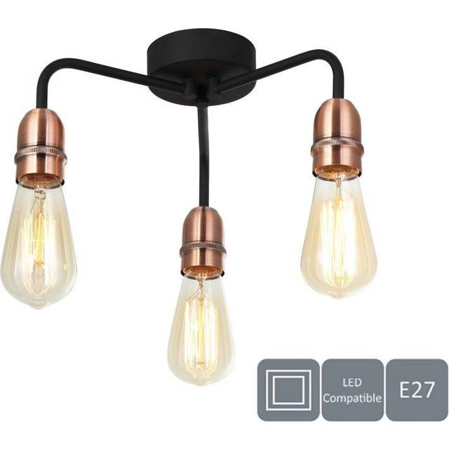 3 Light Semi Flush Ceiling Light, E27/ES Bulb Cap, Dimmable, Drop Arms - Black - One Size