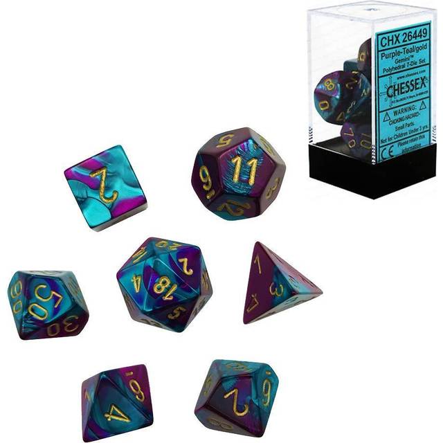 Chessex Manufacturing 26449 Cube Gemini Set Of 7 Dice - Purple & Teal With Gold Numbering