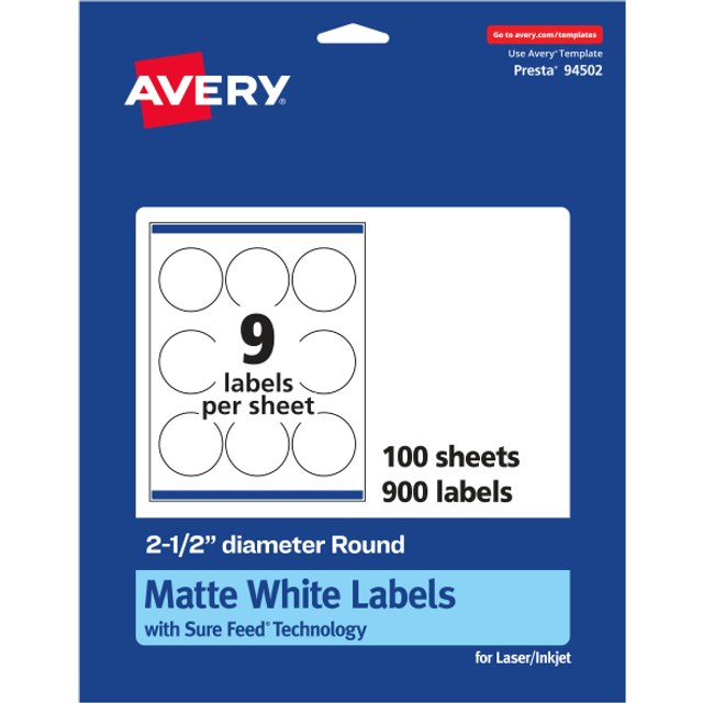 "Avery Matte White Round Labels with Sure Feed  2.5"""""""" Diameter  900 Matte White Printable Labels"