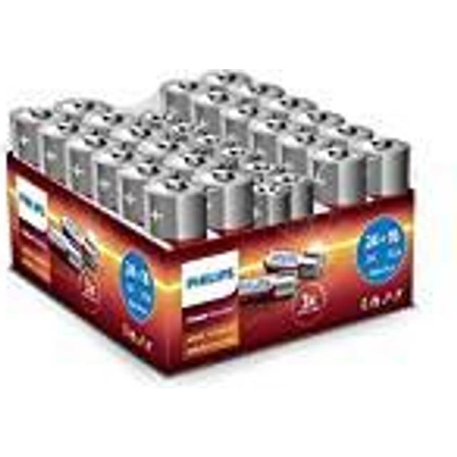 Philips Fördelspaket 40 stycken batterier - 24 x AA-batterier och 16 x AAA-batterier - kraftfullt alkaliskt batteri med lång livslängd - för fjärrkontroll, radio och mer