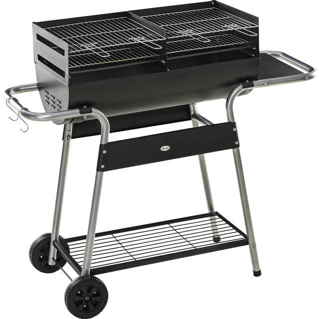 Outsunny Charcoal Barbecue Grill Garden Bbq Trolley W/ Adjustable Grill Height, Double Grill, Side Table, Storage Shelf And Wheels, Black