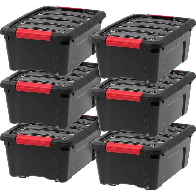 IRIS USA 6 Pack 12qt Plastic Storage Bin with Lid and Secure Latching Buckles  Black