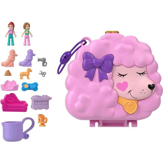 Polly Pocket Compact Playset 2 Micro Dolls Accessories Pet Carry Case - Groom & Glam Poodle
