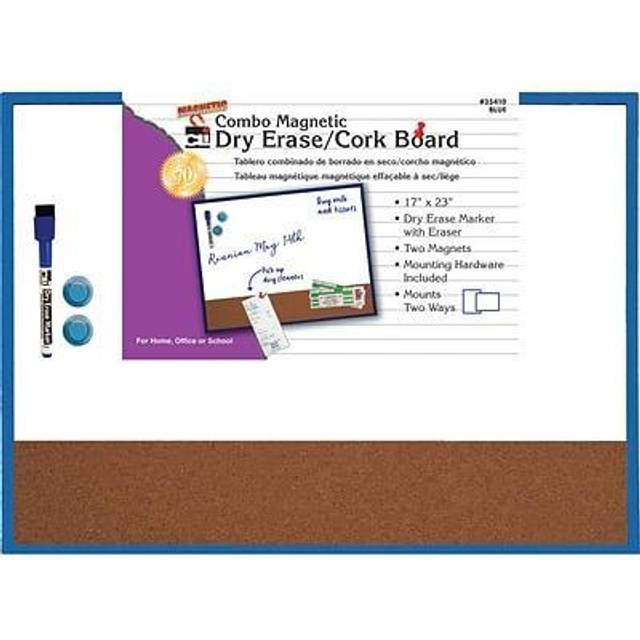 Charles Leonard Magnetic Dry Erase Board with Cork Board, 17 x 23, w/Eraser/Marker and 2 Magnets, Blue Frame, 1 Each