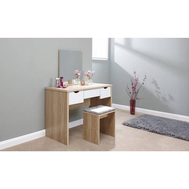 GFW Elizabeth 3 Drawer Oak Wood Dressing Table Set with Mirror - Brown - 49 x 100 x 129cm