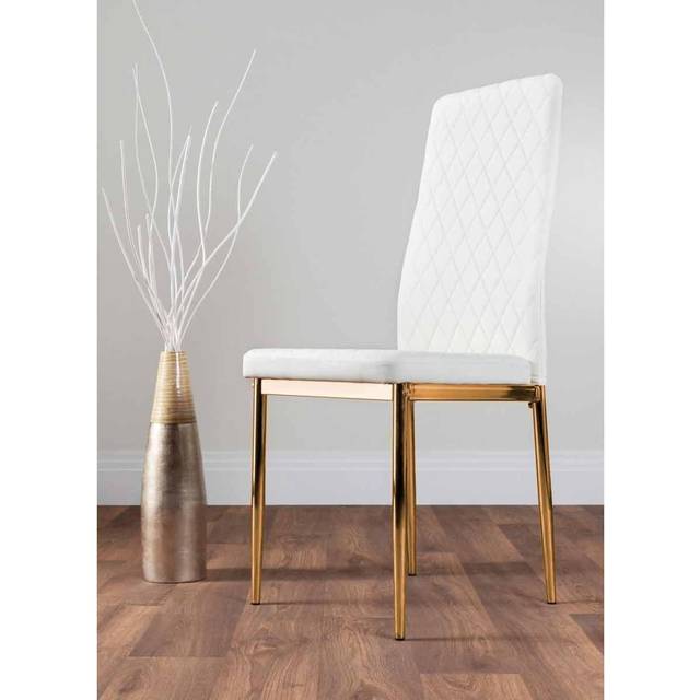 4 x Milan Gold Leg Hatched Upholstered Faux Leather Kitchen Dining Chairs - White