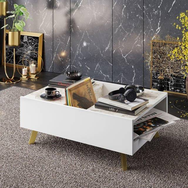 Decorotika Frida Modern Coffee Table With Ample Storage Accent Table With - White Marble And Gold, Multi