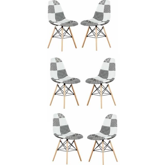 Set of 6 Patchwork Modern Dining Chairs with Wooden Legs & Black Metal Wire Frame - Multi - One Size