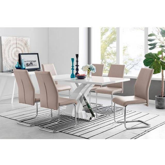 Atlanta Modern High Gloss White Dining Table And 6 Lorenzo Chairs Set - Cappuccino - Neutral