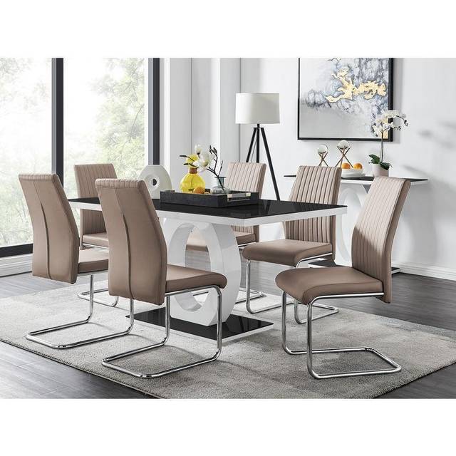 Giovani High Gloss And Glass Dining Table And 6 Lorenzo Chairs Set - Cappuccino - Neutral