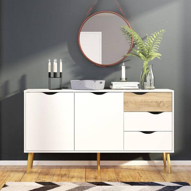Oslo Sideboard Large 3 Drawers 2 Doors In White And Oak Effect, White