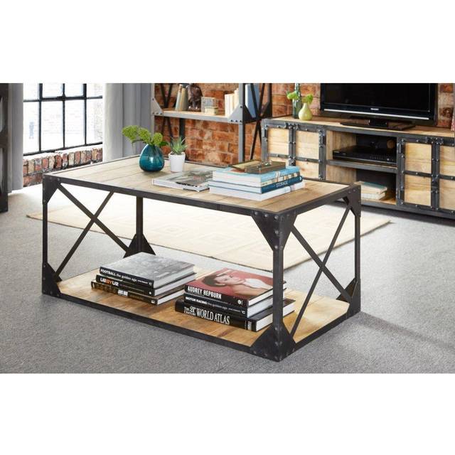 Verty Furniture - Vintage Up cycled Industrial Coffee Table with Shelf Metal and Wood - Light Wood