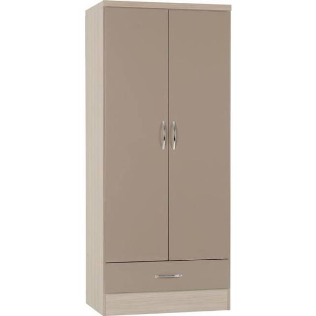 Seconique Nevada 2 Door 1 Drawer Wardrobe - Oyster Gloss/Light Oak Effect Veneer, Brown