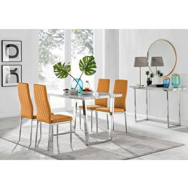 Kylo White Marble Effect Dining Table and 4 Milan Chrome Leg Chairs - Mustard - Yellow