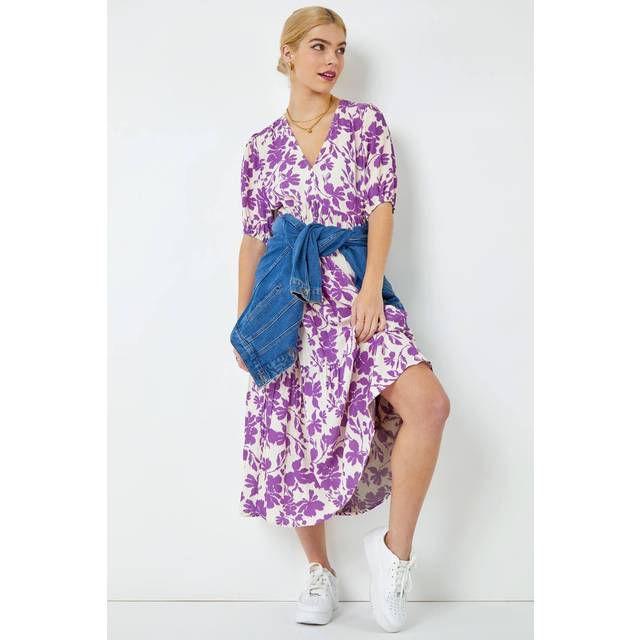 Dusk Womens Floral Tiered Midi Smock Dress - Purple - Size 10 UK