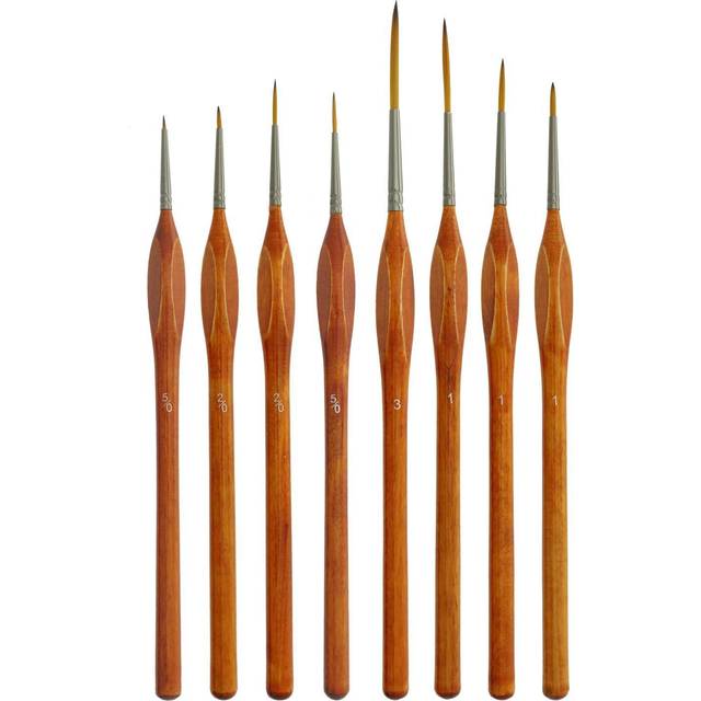 U.S. Art Supply 8 Piece Taklon Detail and Liner Artist Brush Set with Wood Comfort Grip Handles - Art, Detailing, Acrylic, Oil, Watercolor