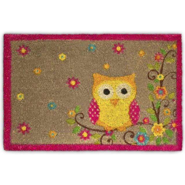 Relaxdays Coconut Fibre Coir Doormat with OWL and Flower Design 40 x 60 cm Welcome Mat with Anti-Slip Rubber PVC Underside, Brown