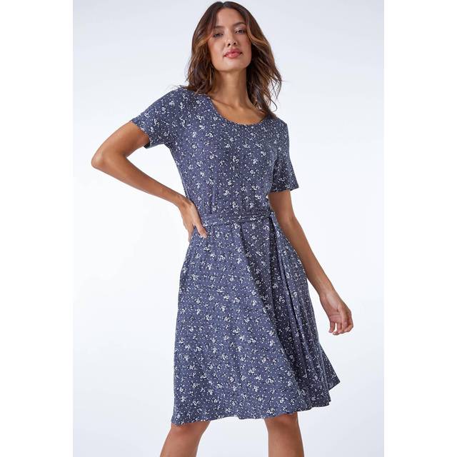 Roman Dark Grey Petite Floral Fit & Flare Wrap Dress - Size 16