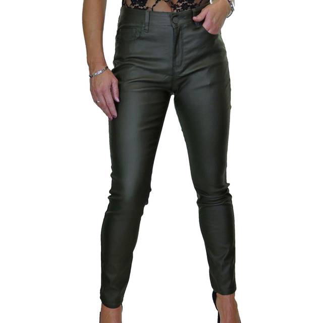 High Rise Coated Leather Look Jeans - Dark Olive - 22