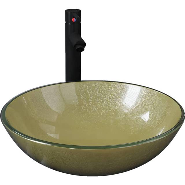 vidaXL Bathroom Sink with Tap and Push Drain Gold Tempered Glass