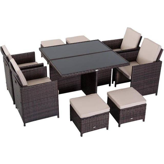 Outsunny Rattan Dining Set Garden Furniture Cube Table Chair Stool Cushion Seat