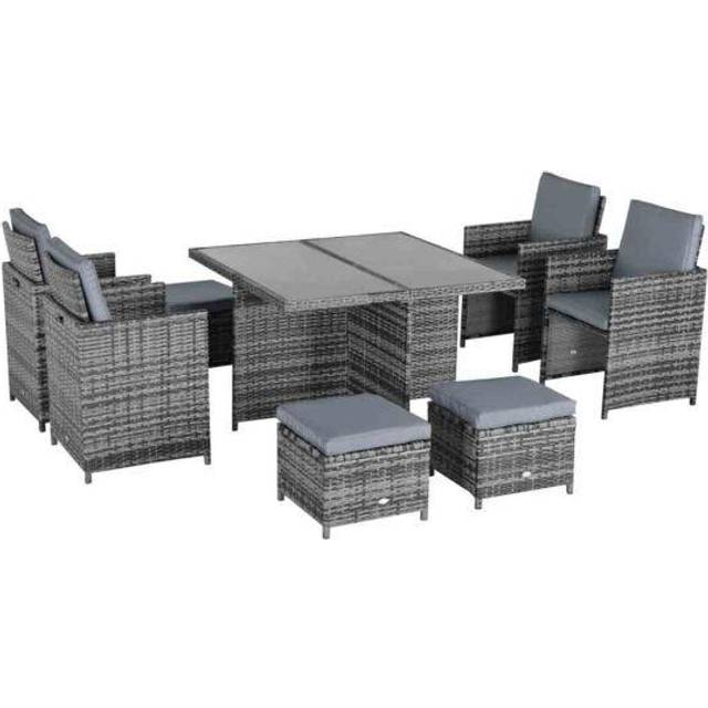 Outsunny 9pc Rattan Dining Set Garden Furniture 8-seater Wicker Outdoor Dining Set Chairs + Footrest + Table Thick Cushion - Grey