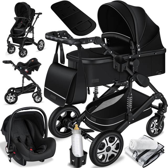 KESSER® Loops 3 i 1 barnvagn kombibarnvagn, komplett set inkl. Bebisbadkar & buggy sportstol & bilbarnstol – helgummidäck – skötväska/regnskydd/barnbordsset, svart/svart